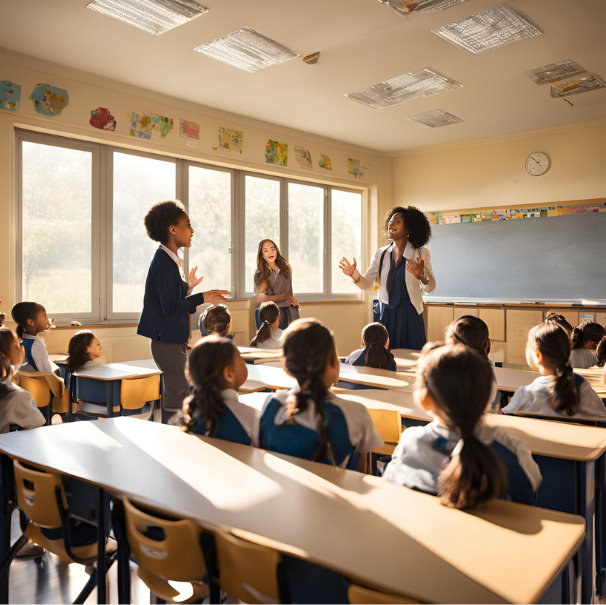 Insegnante che presenta la scuola agli studenti (immagine IA)